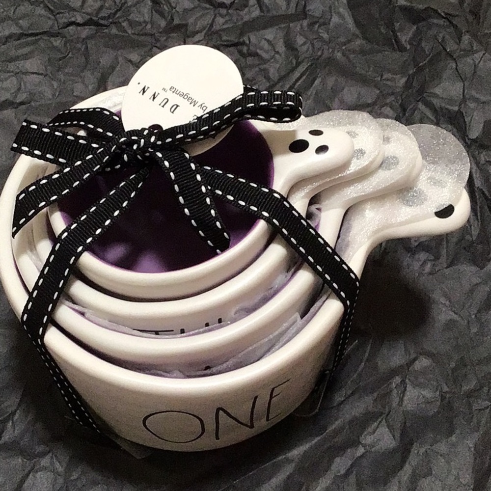 Rae Dunn white with purple lined ghost measuring cups, set of 4pcs.